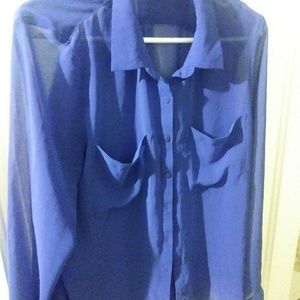 Dark royal blue sheer button down blouse